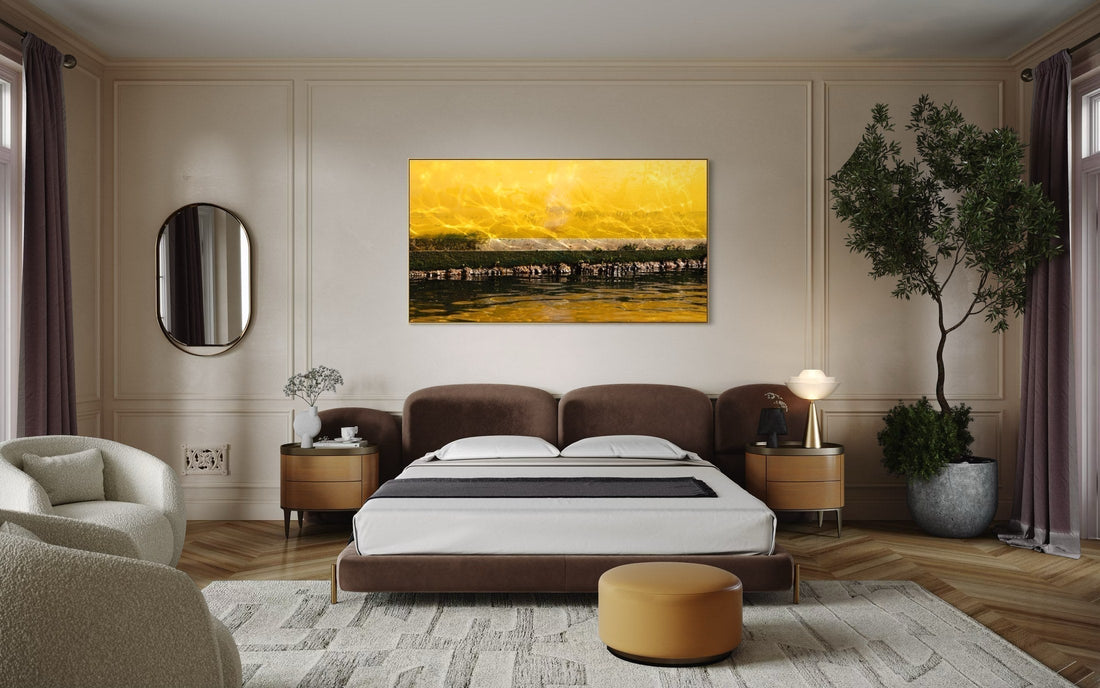 Impressions of a Turner Landscape 9 displayed above a bed in a neutral contemporary bedroom