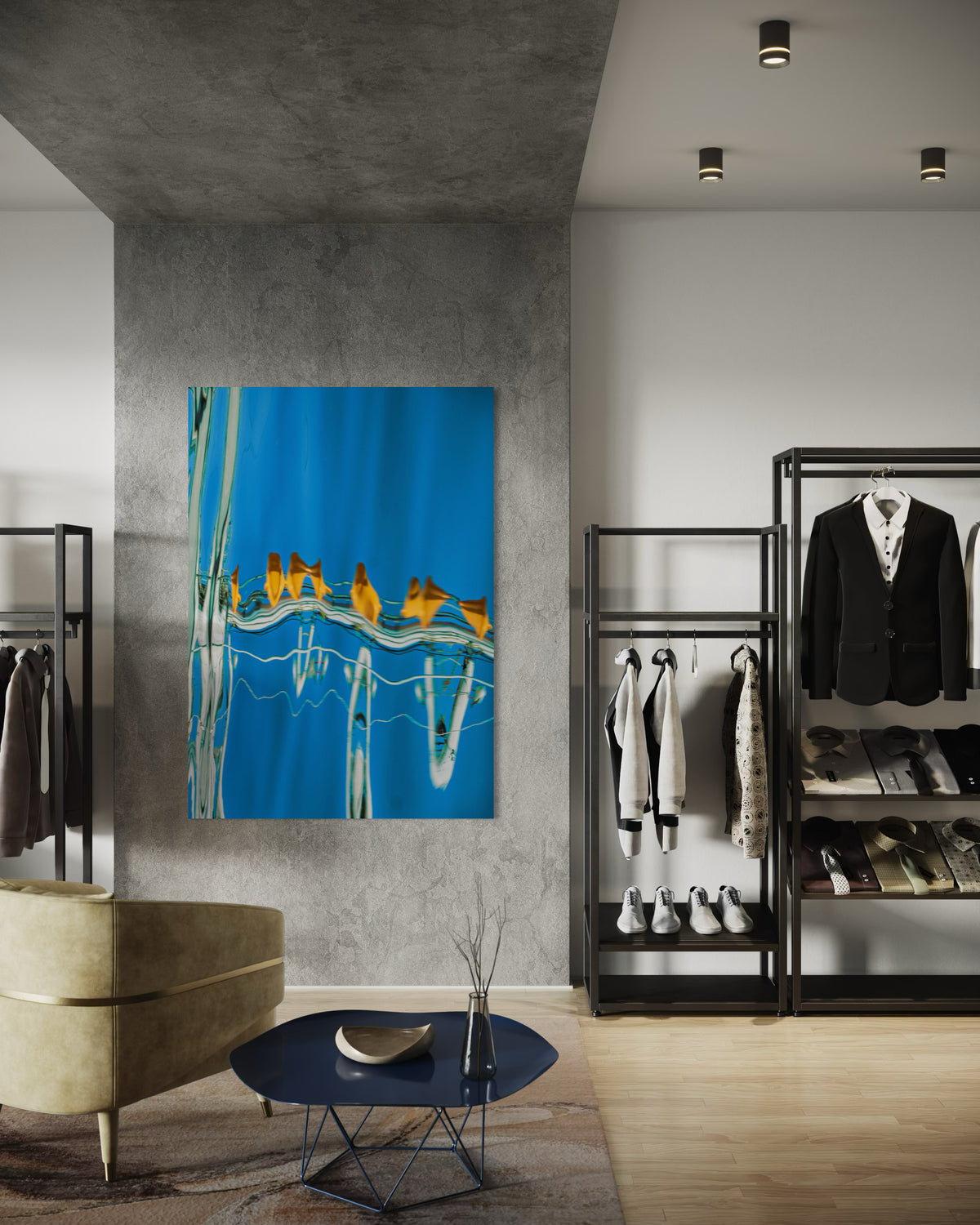 The Water Ballet by Ralph Kerle, in situ, displayed on a textured grey wall in a contemporary clothing showroom.