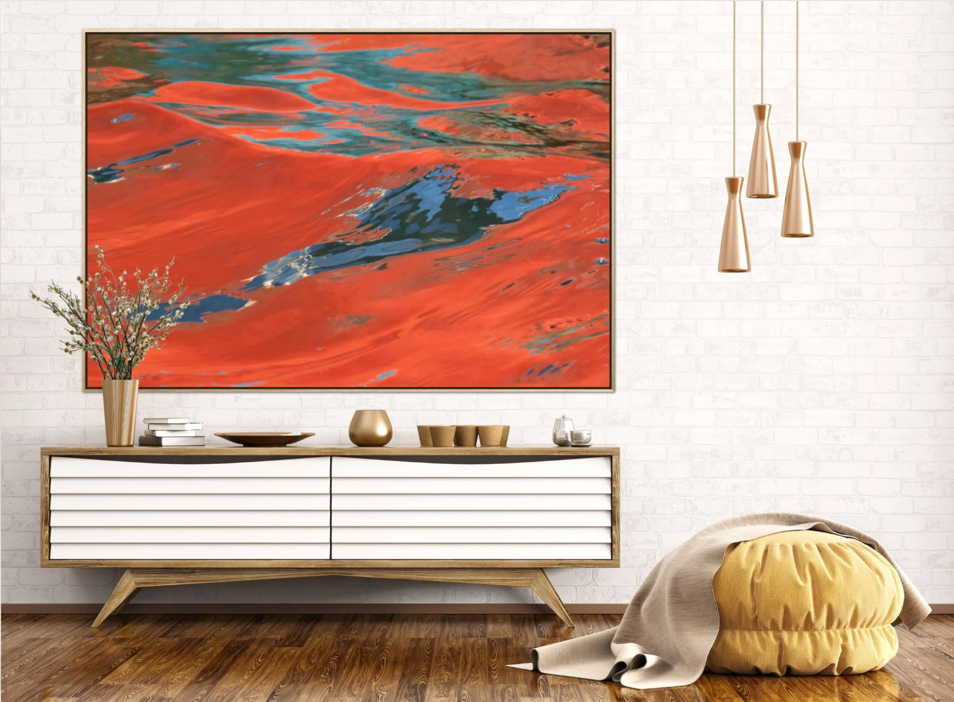 Awash by Ralph Kerle positioned above a table in a warm, lived-in living space with layered textiles and decorative accents that balance the bold colours of the painting