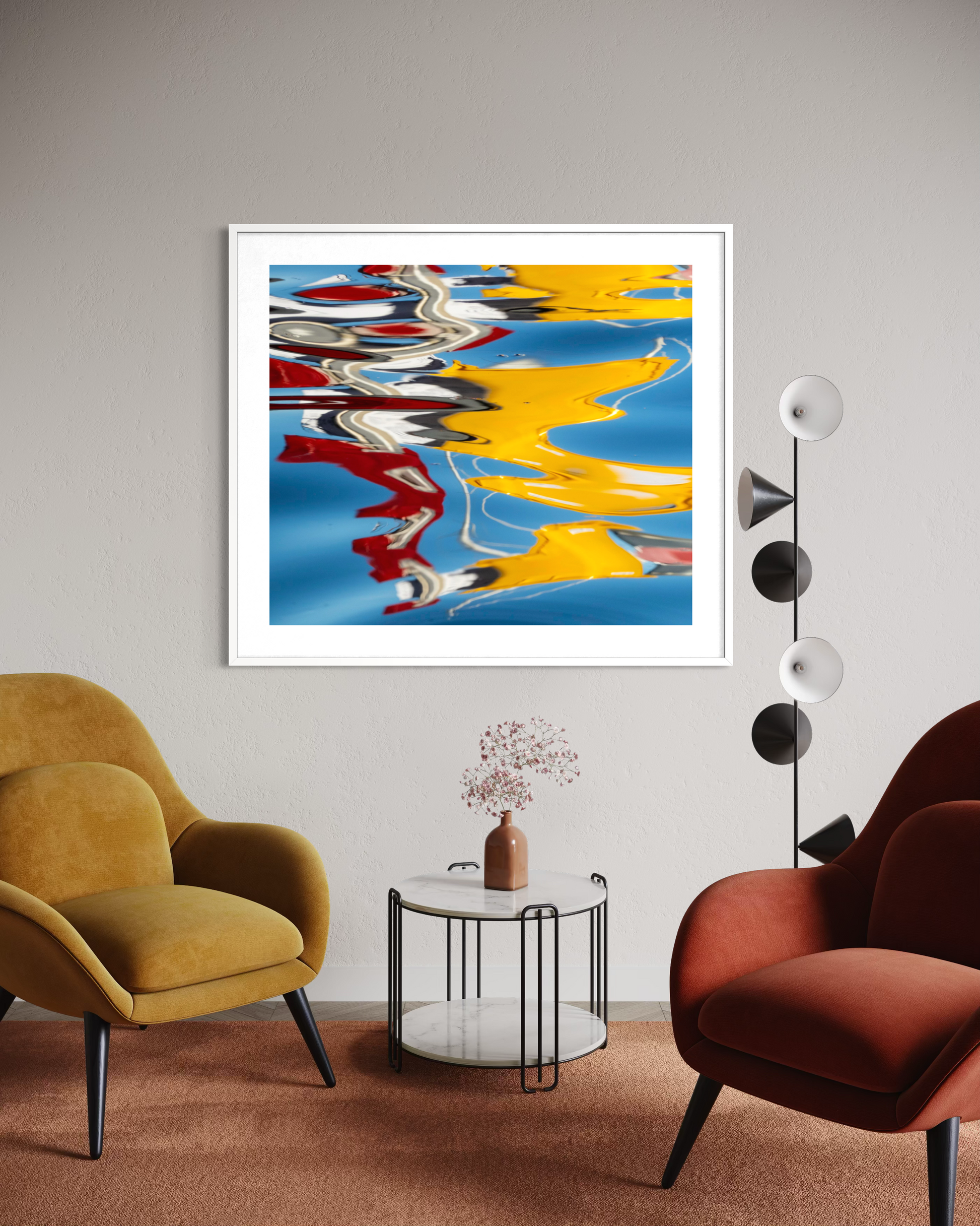 Brush Strokes of Nature by Ralph Kerle hanging in a comfortable living room with soft furnishings, warm textures, and ambient lighting that complements the calming tones of the artwork