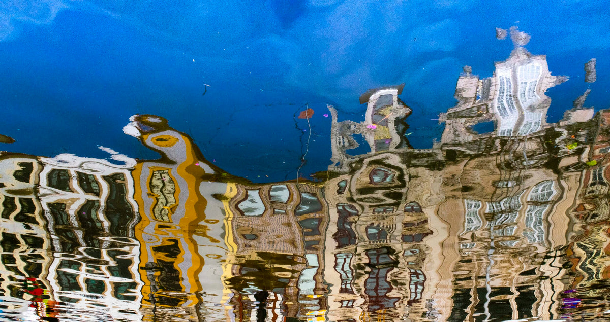 Buildings on Water 4 by Ralph Kerle - signed limited edition fine art print, cool abstract reflection of waterside houses in Aveiro, Portugal