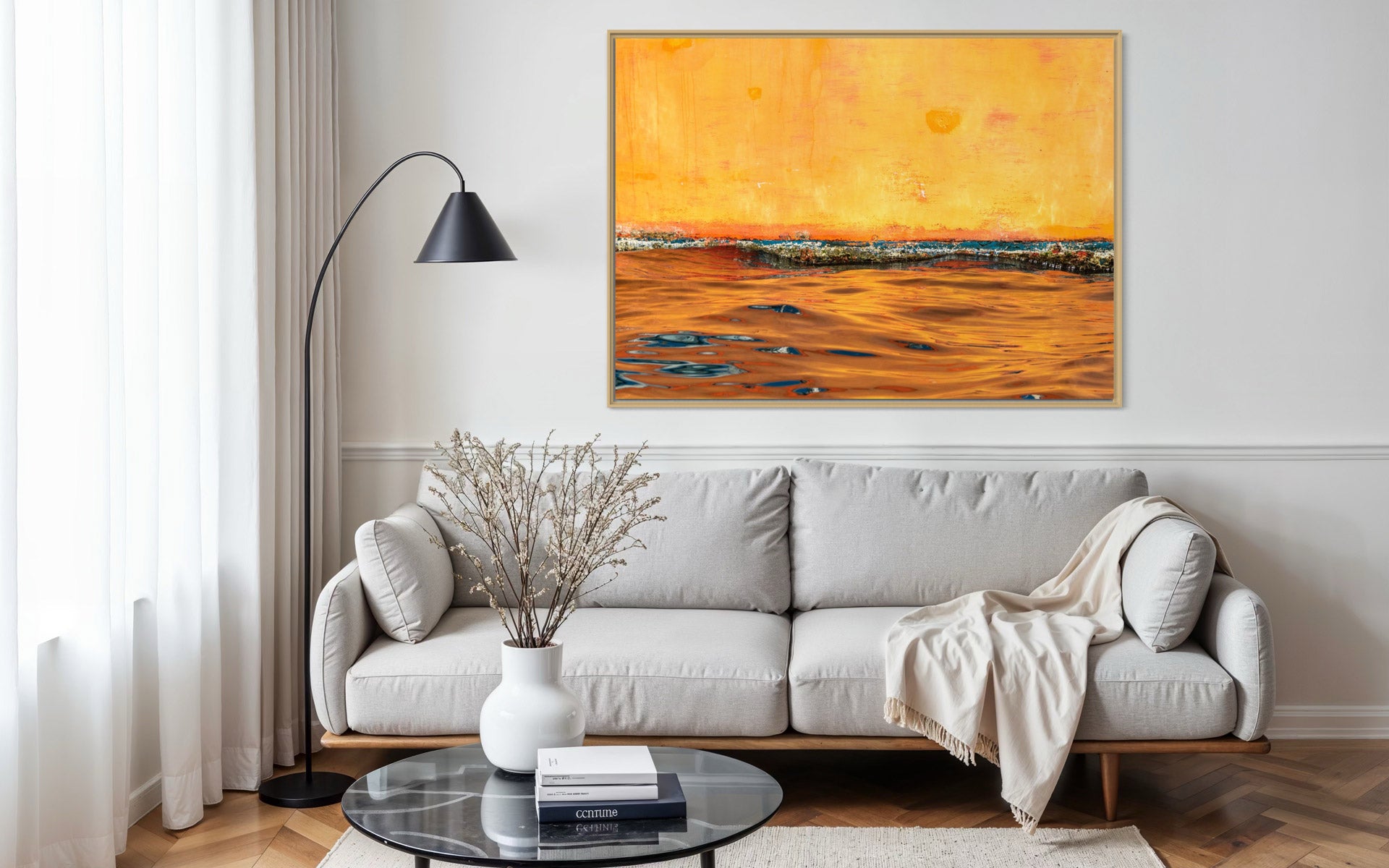 Burning Outback by Ralph Kerle hanging in a comfortable living room with soft furnishings, warm textures, and natural lighting that complements the calming tones and unique abstract style of the artwork