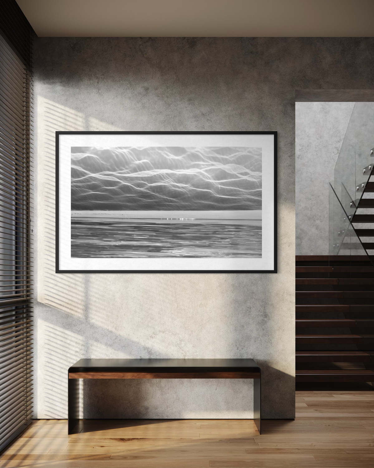City of Light artwork hanging in a contemporary home interior with natural light, timber flooring and modern furnishings.