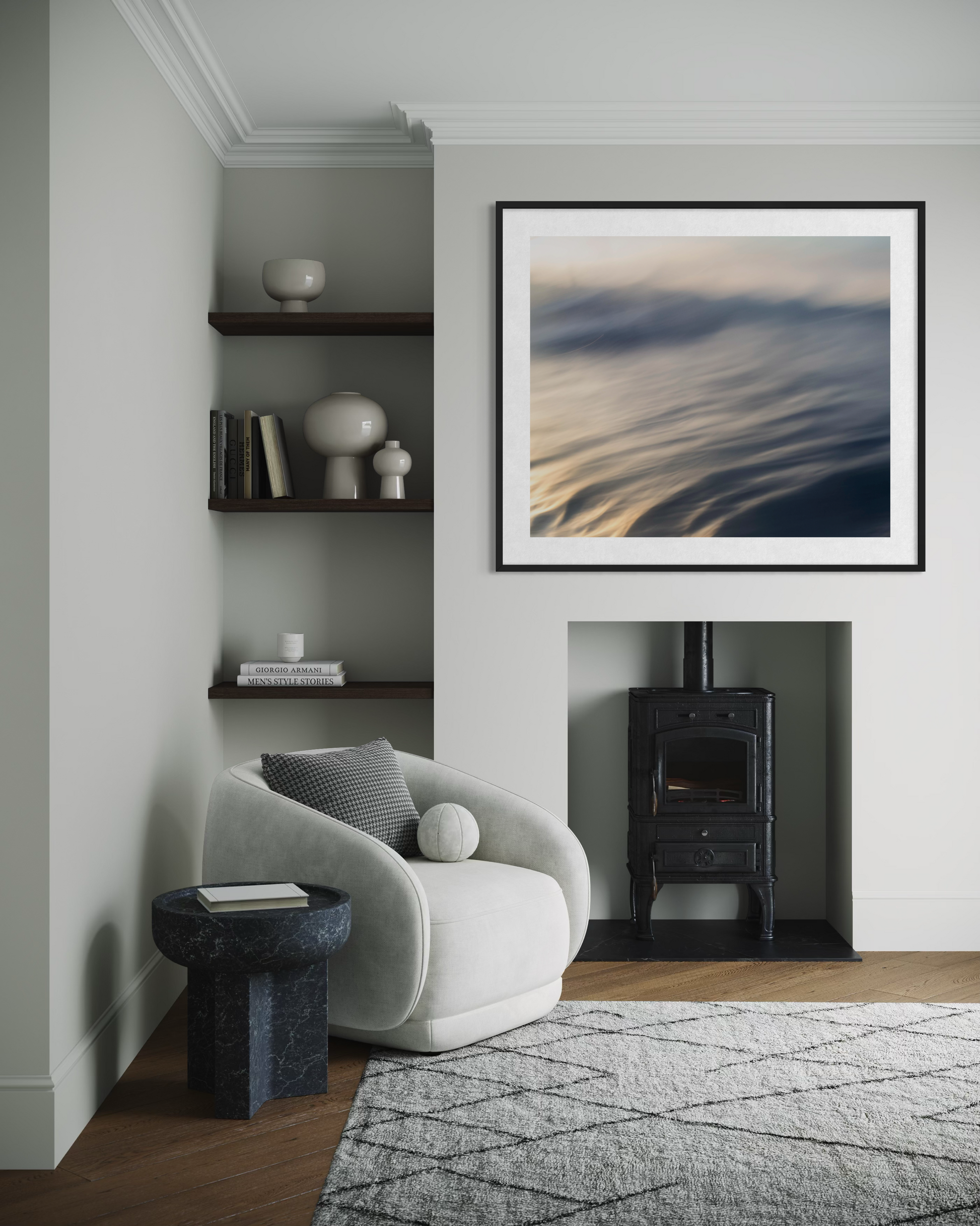 Coming Down by Ralph Kerle featured above a designer fireplace in an upscale living space with crisp white surfaces and curated furnishings that elevate the visual impact of the piece