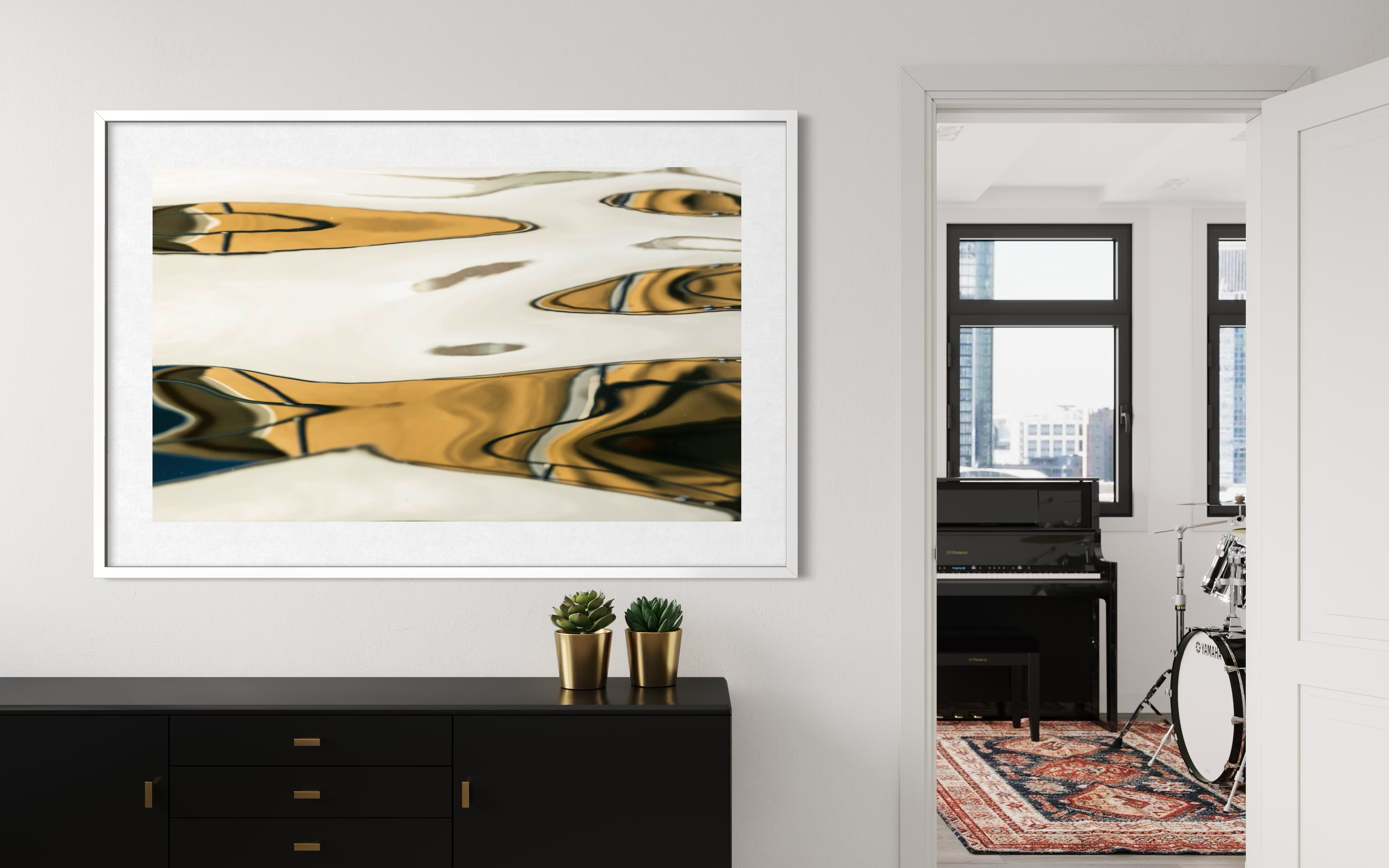 Desert Water Dreaming by Ralph Kerle positioned in a sleek modern living space with understated décor, creating a strong visual contrast against the crisp white walls