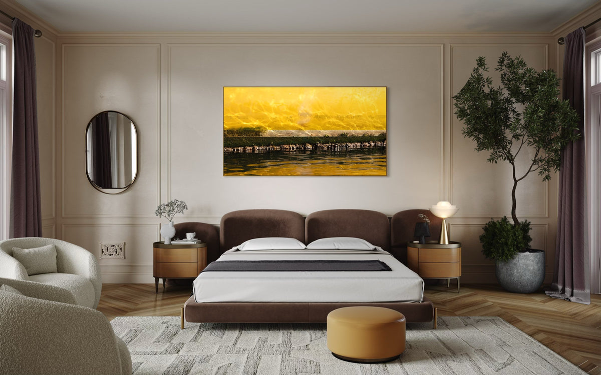 Impressions of a Turner Landscape 9 displayed above a bed in a neutral contemporary bedroom