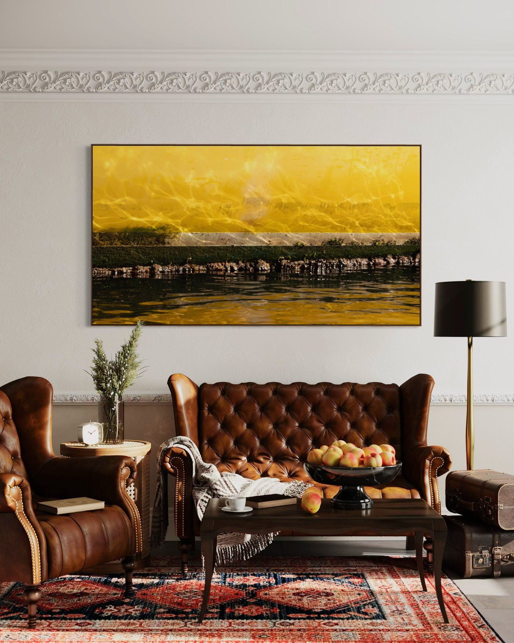 Impressions of a Turner Landscape 9 displayed above a brown leather sofa in a traditional living room