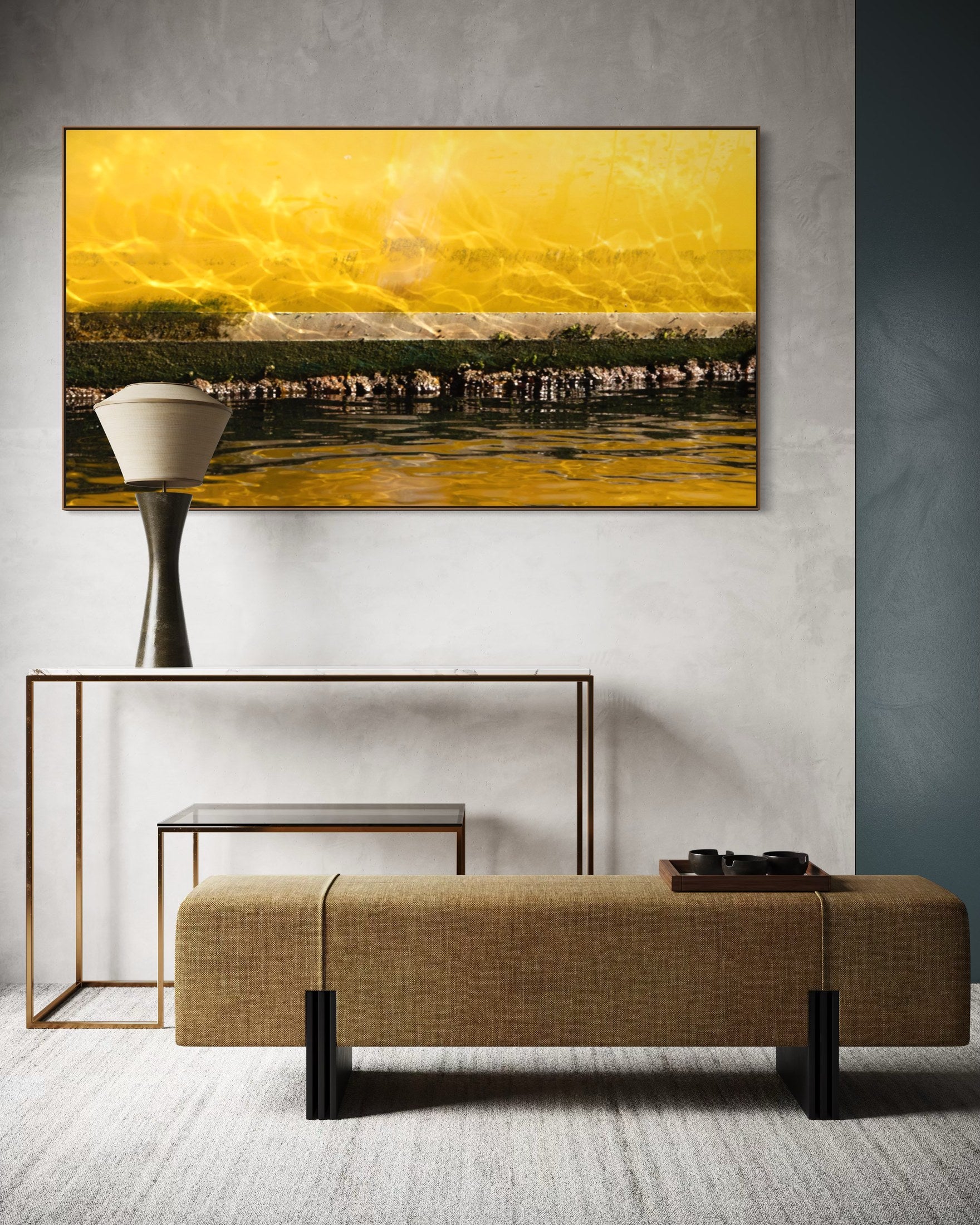 Impressions of a Turner Landscape 9 displayed above a console and upholstered bench in a contemporary interior