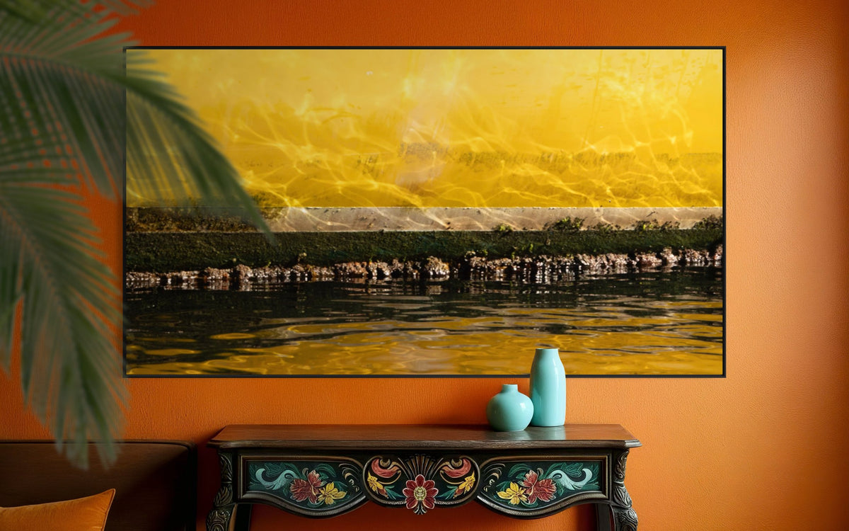 Impressions of a Turner Landscape 9 displayed against an orange wall above a decorated console