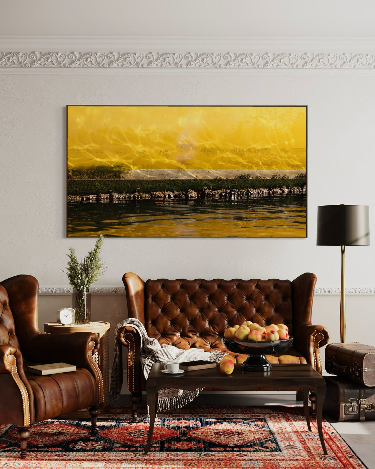 Impressions of a Turner Landscape 9 displayed above a brown leather sofa in a traditional living room