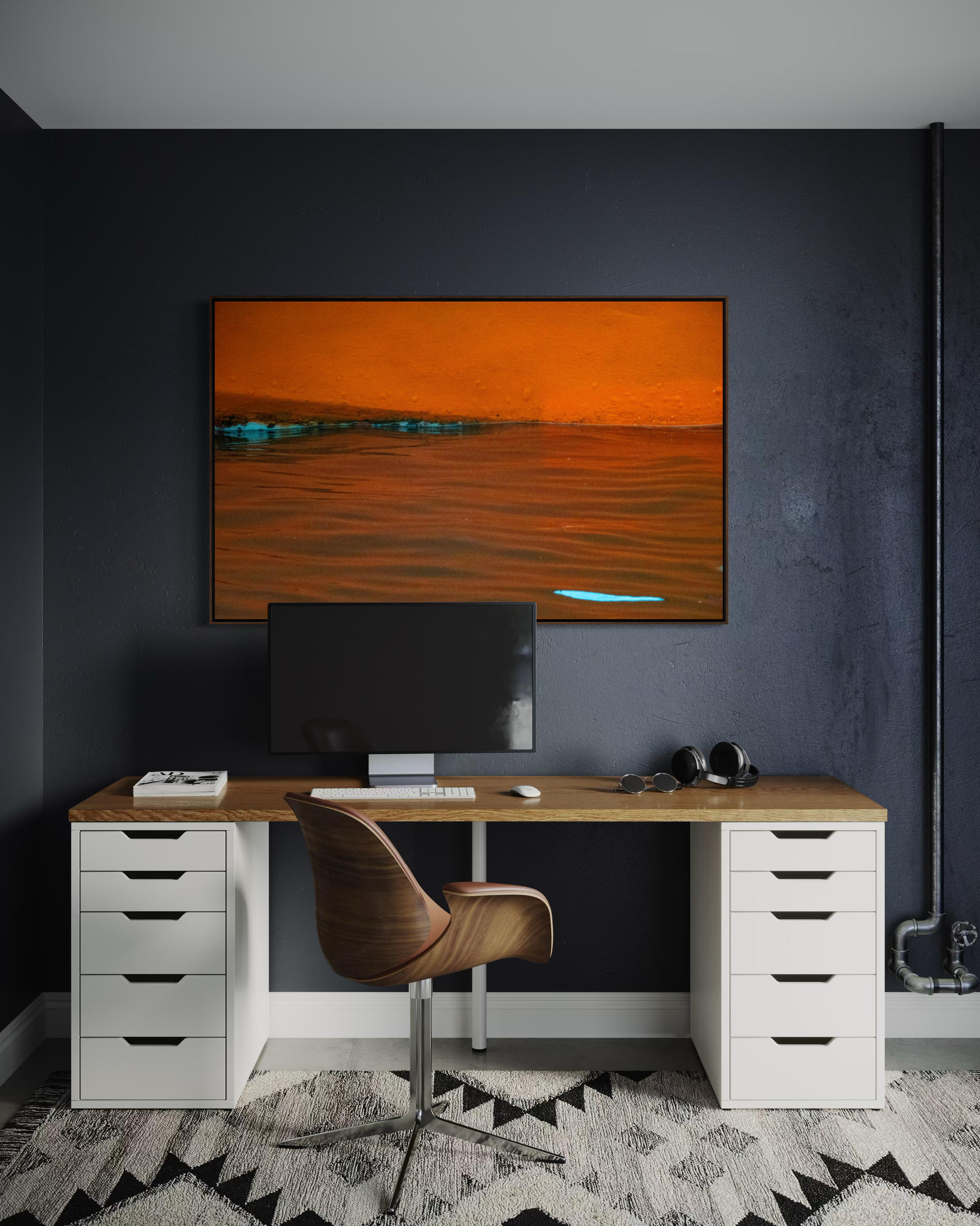 Not Far to Paradise 3 by Ralph Kerle positioned in a sleek modern study office room with minimal décor, creating a strong visual contrast against the crisp, dark walls