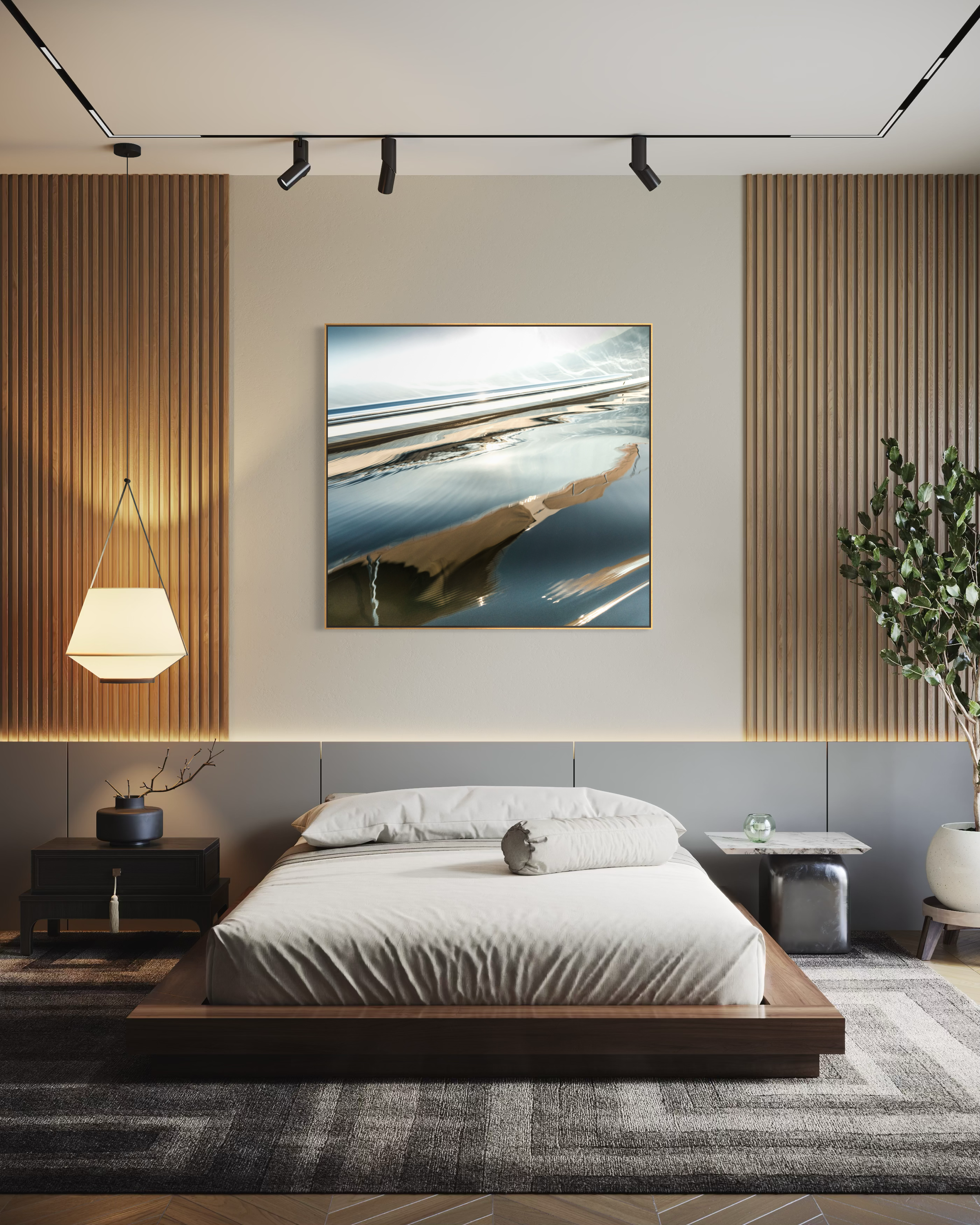 Offshore Aerial View by Ralph Kerle displayed in a high-end contemporary bedroom with expansive interiors, refined décor, and ambient lighting highlighting the artwork’s vivid palette