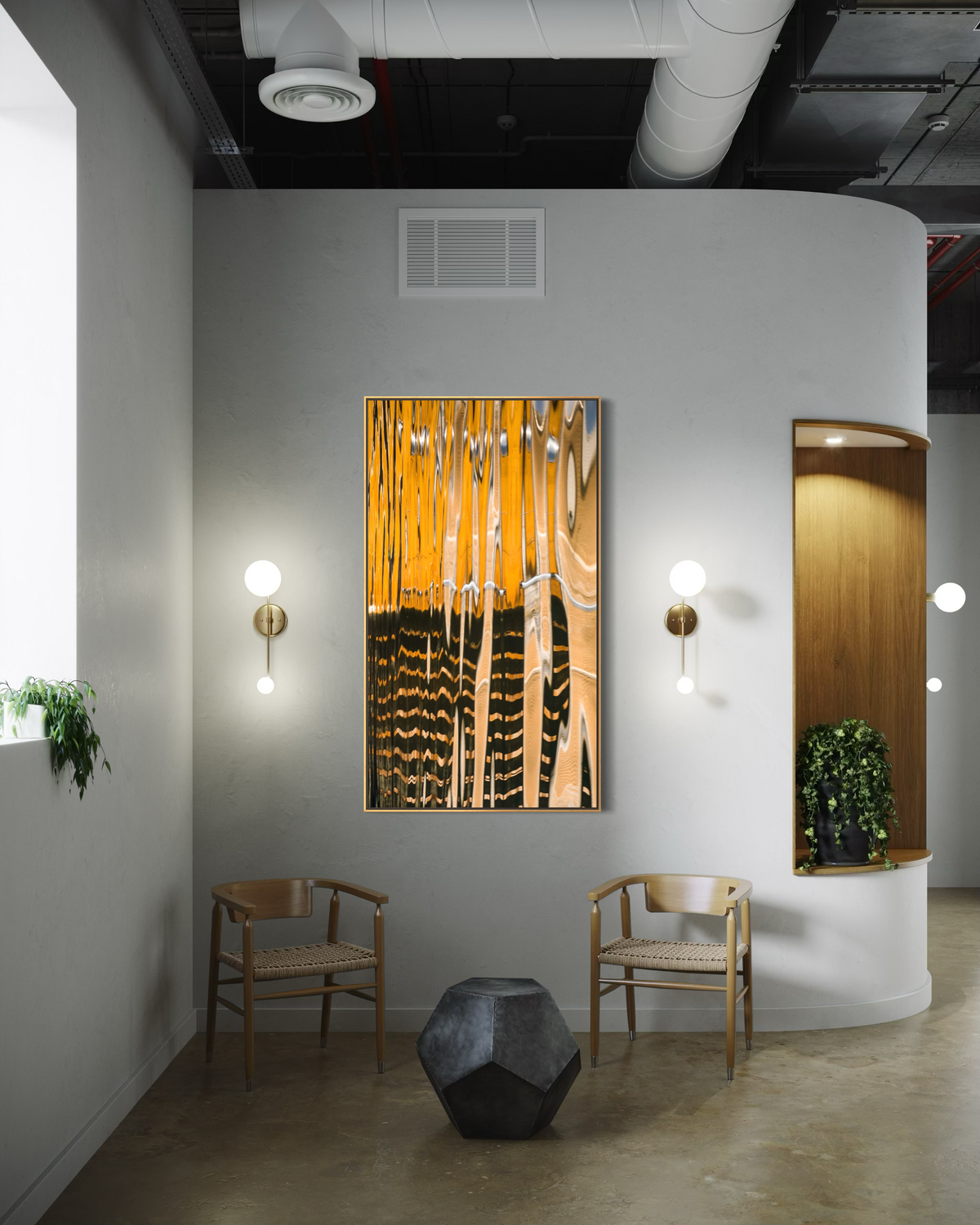 Orange Water Geometry by Ralph Kerle installed above a modern seating arrangement in a luxury living space, complementing warm ambient lighting and refined décor