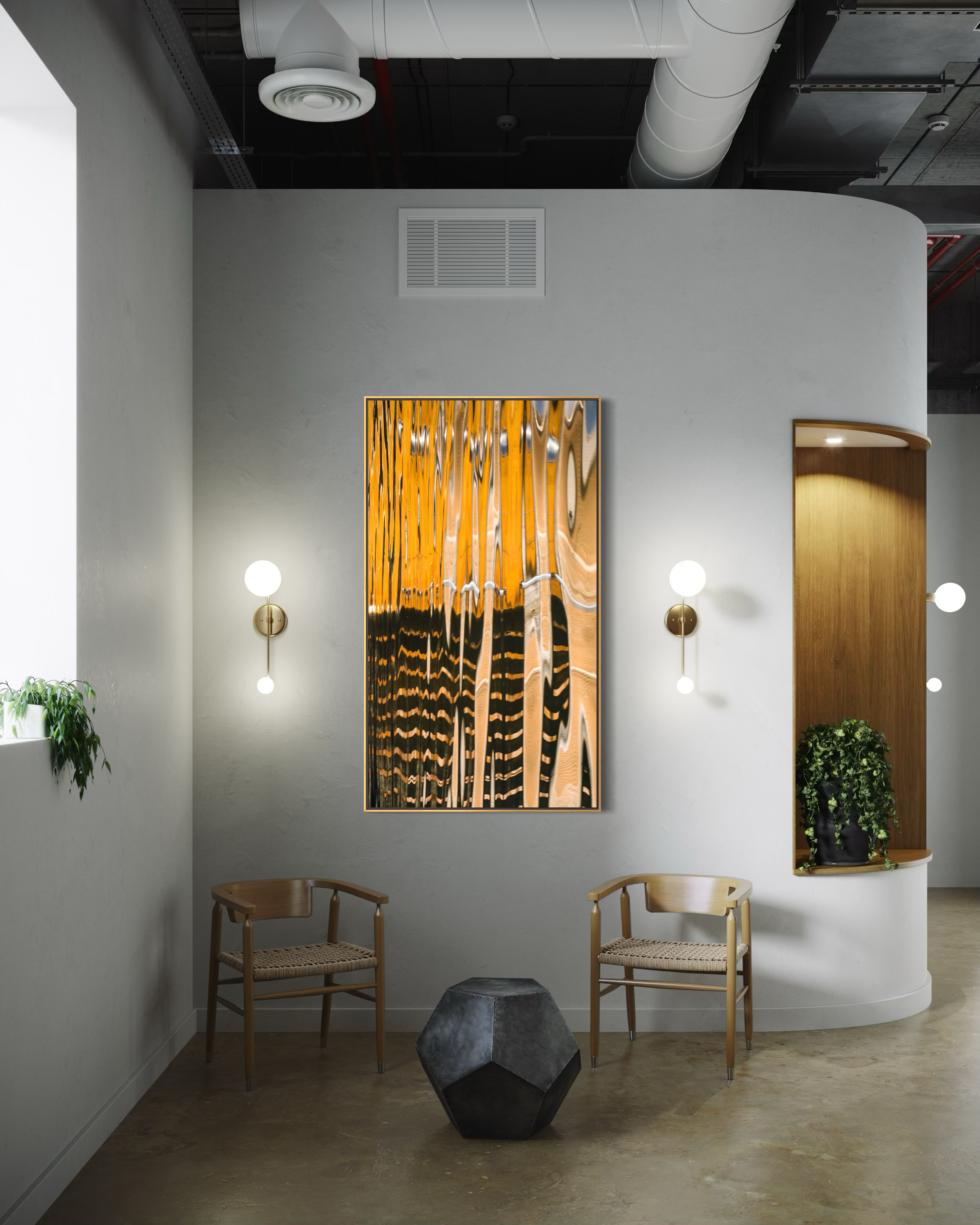 Orange Water Geometry by Ralph Kerle installed above a modern seating arrangement in a luxury living space, complementing warm ambient lighting and refined décor