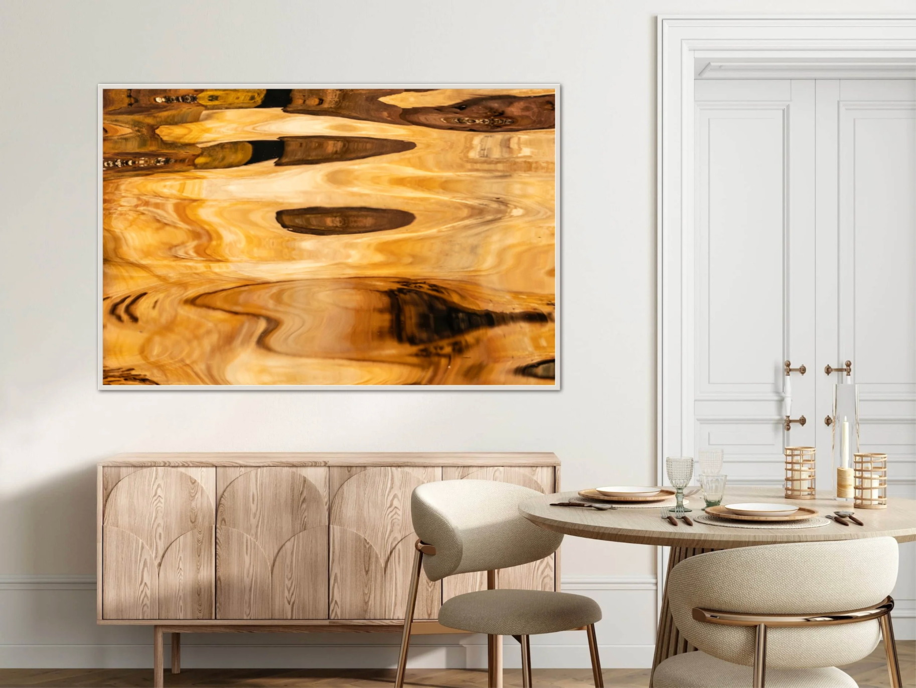 Origin Clues by Ralph Kerle displayed in a modern minimalist dining room with clean lines and neutral furnishings, allowing the artwork’s bright organic colours to become the focal point of the space.”