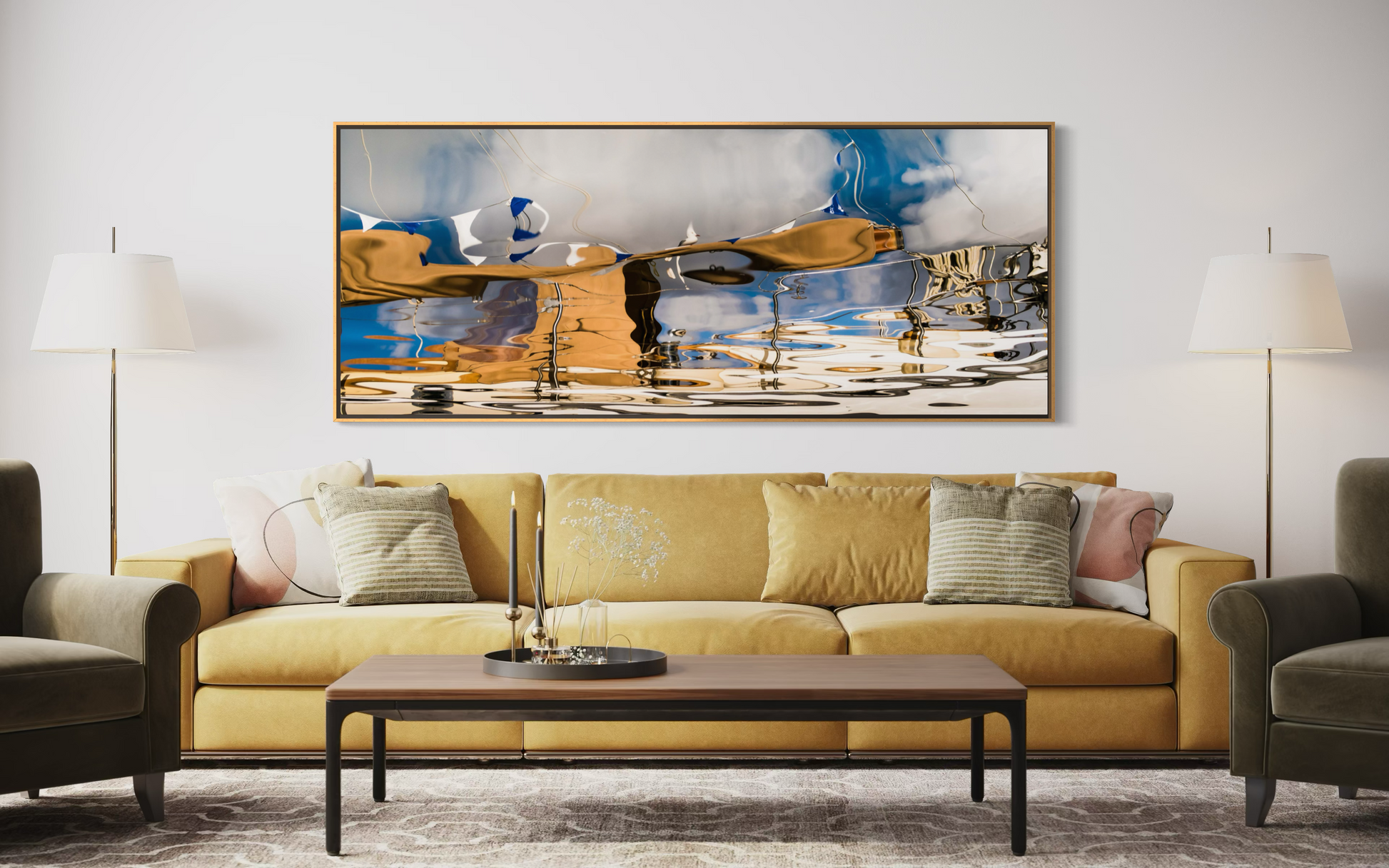 Blue Horizon by Ralph Kerle displayed in a contemporary living room with neutral furnishings and natural light enhancing the painting’s oceanic and natural tones