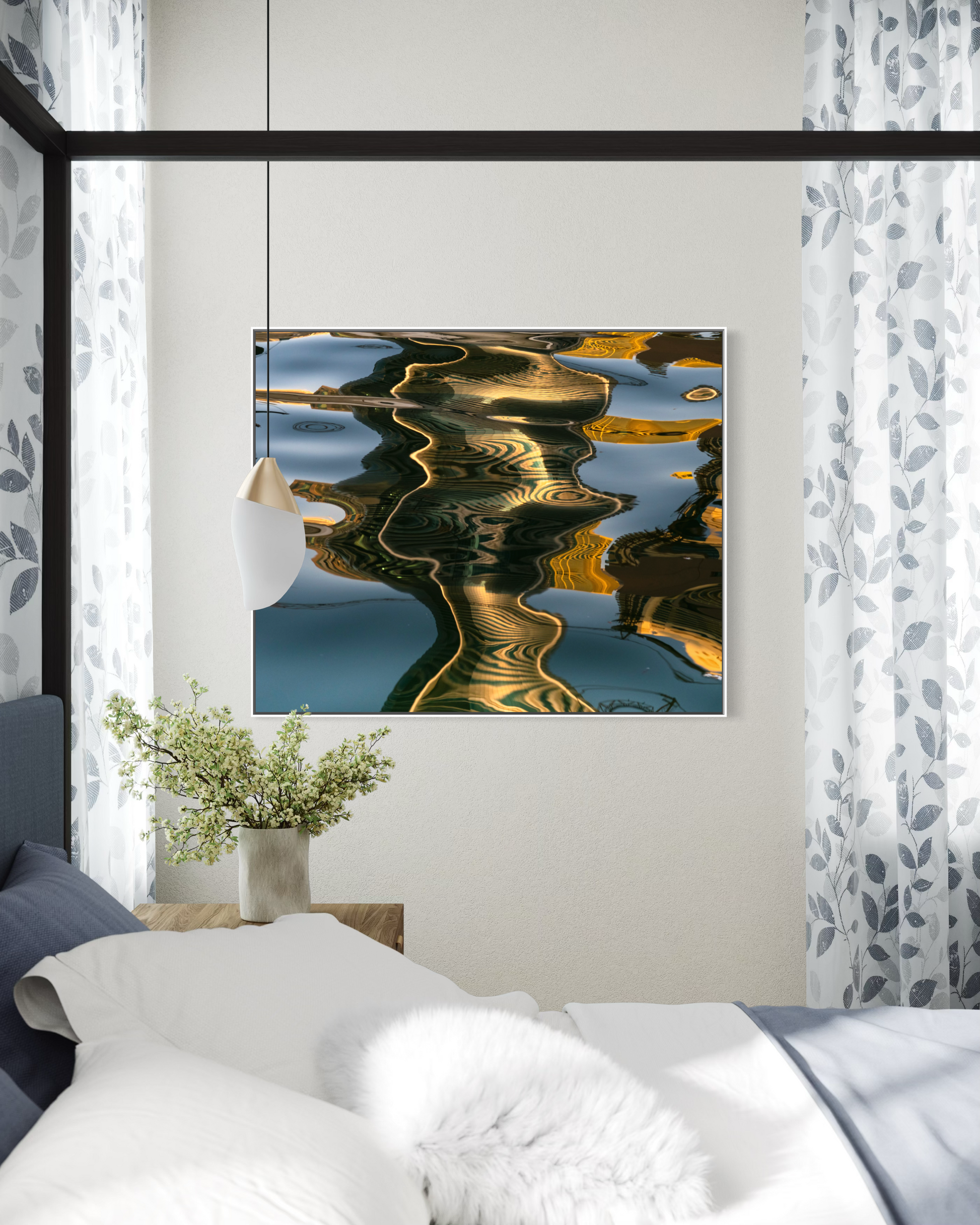 Rumi's Poetess by Ralph Kerle positioned in a bright cosy bedroom in a warm, lived-in living space with layered textiles and decorative accents that balance the bold colours of the painting