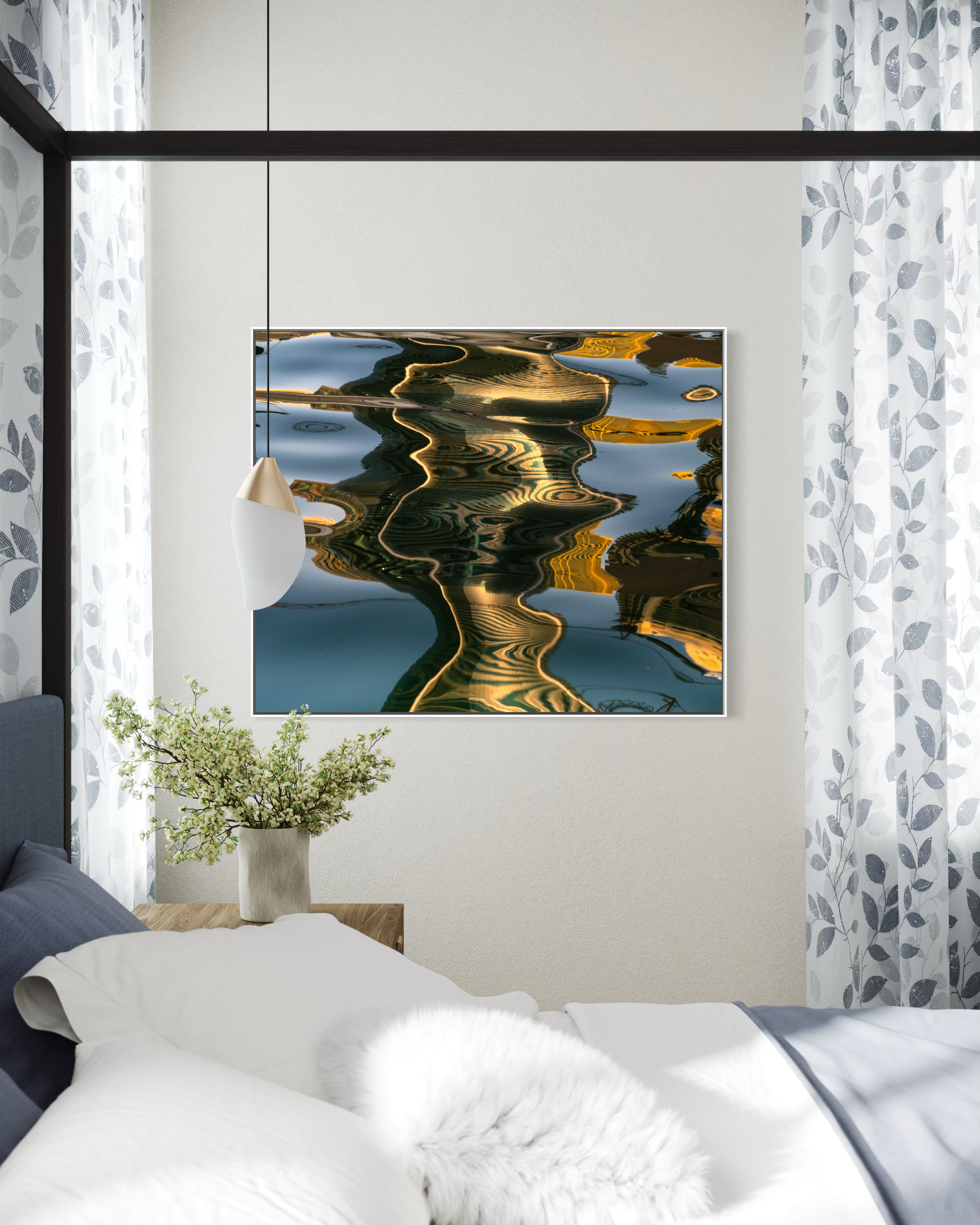 Rumi's Poetess by Ralph Kerle positioned in a bright cosy bedroom in a warm, lived-in living space with layered textiles and decorative accents that balance the bold colours of the painting