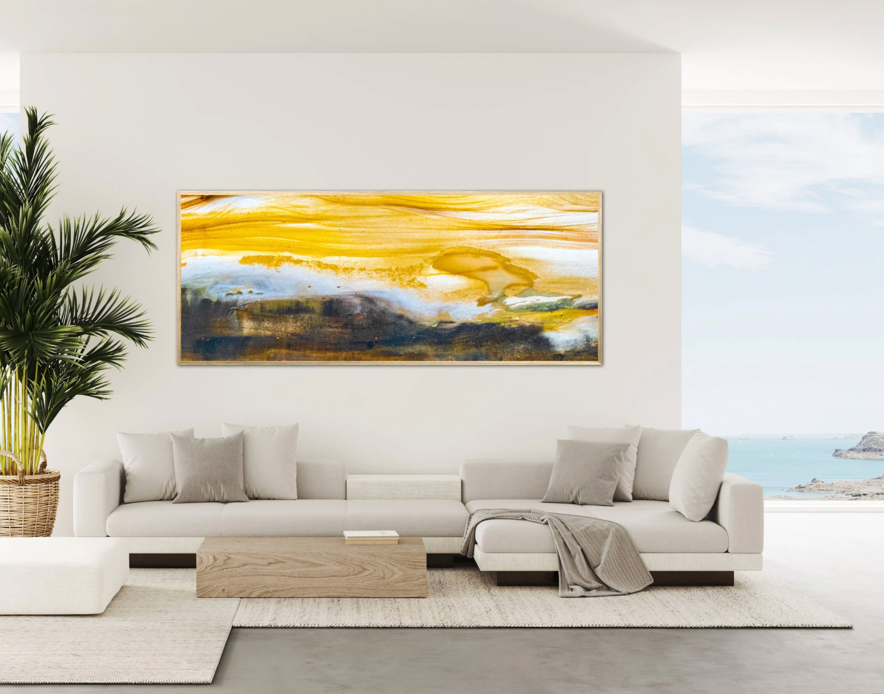 Sand Talk by Ralph Kerle positioned above a sofa in a warm, lived-in living space with layered textiles and decorative accents that balance the bold and unique colours of the painting