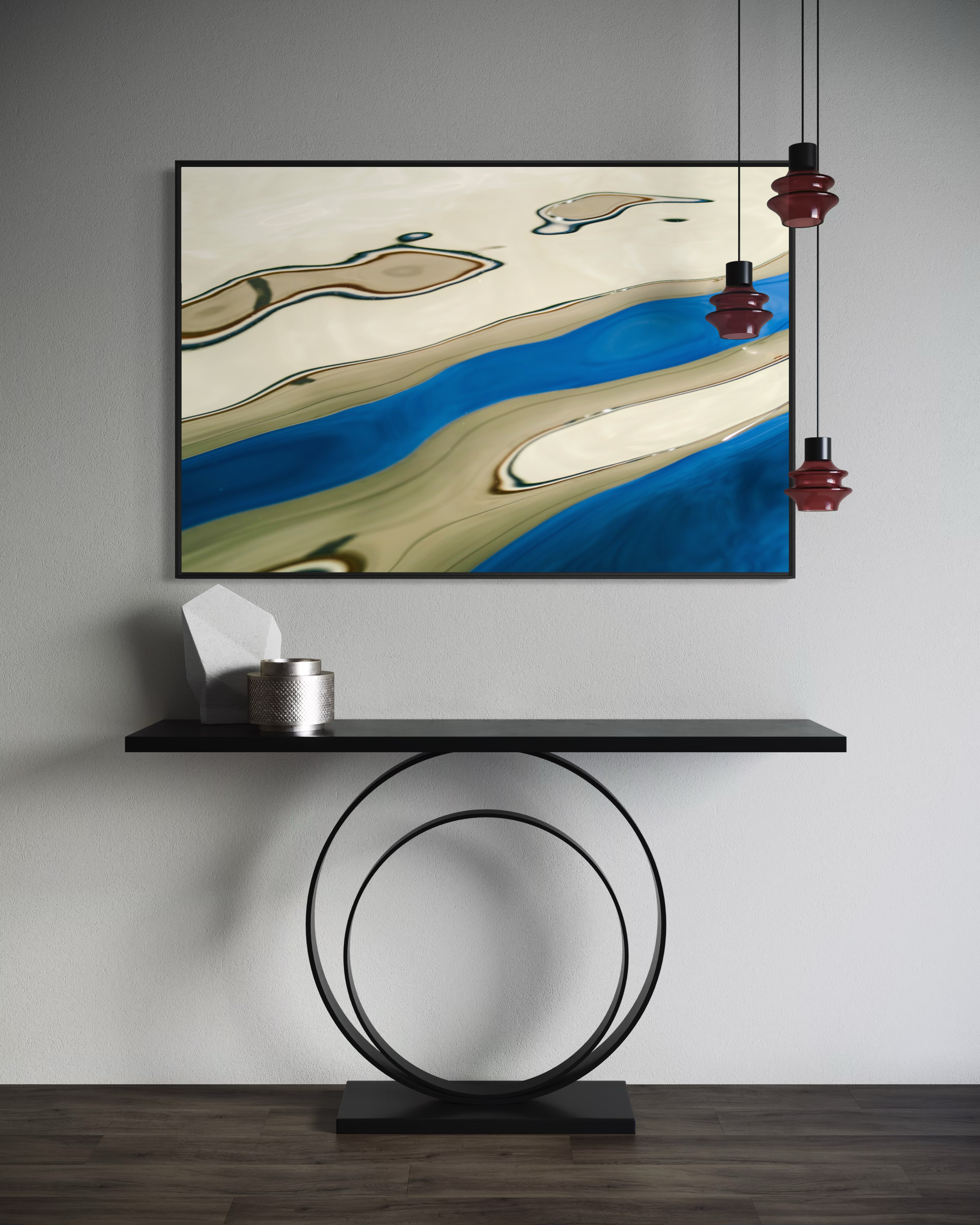 Sea Dunes by Ralph Kerle installed in a unique modern minimal interior with polished finishes, statement furniture, and dramatic lighting that enhances the depth of the artwork