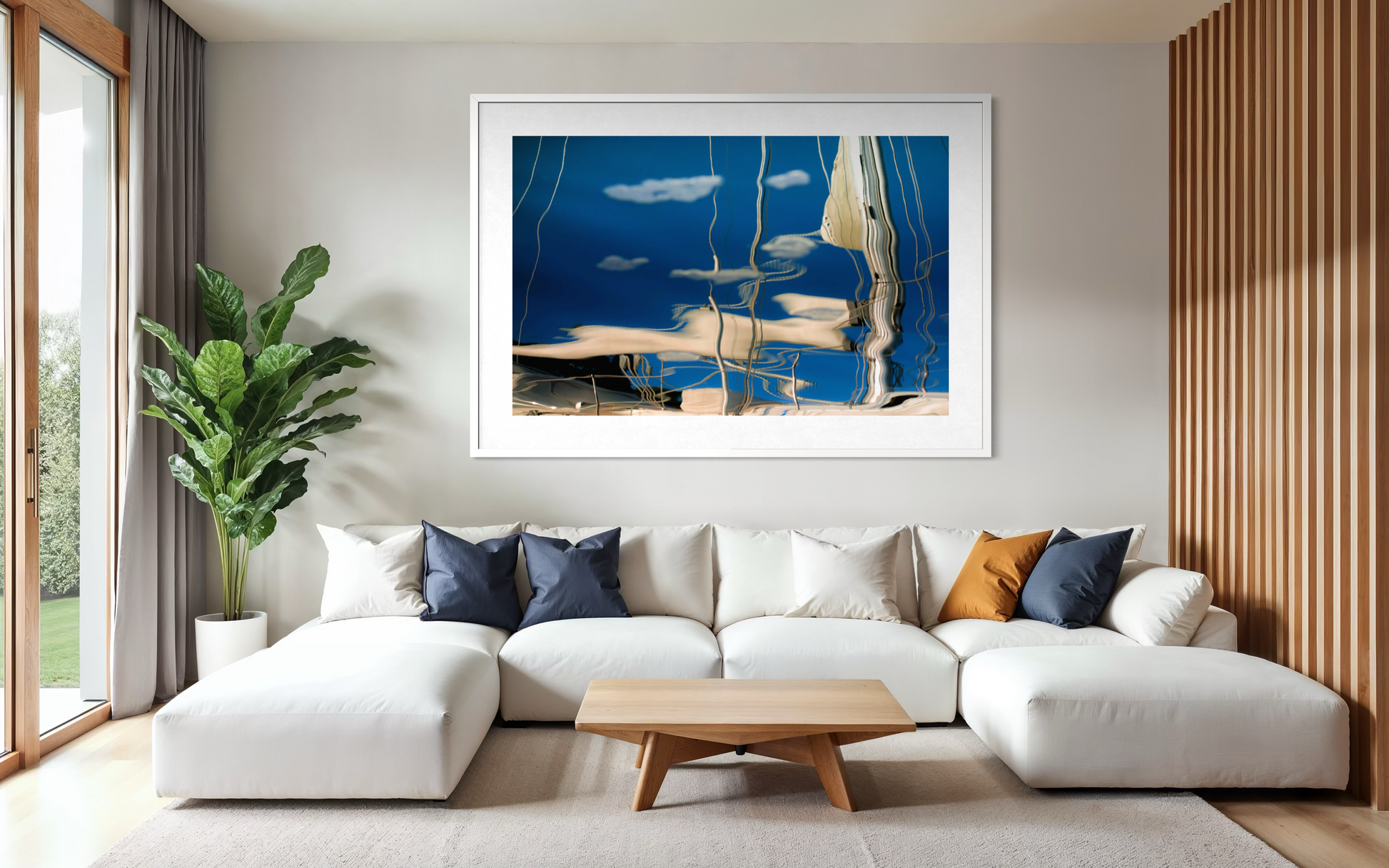 Stays Afloat by Ralph Kerle hanging in a comfortable living room with soft furnishings, warm textures, and ambient lighting that complements the calming tones of the artwork