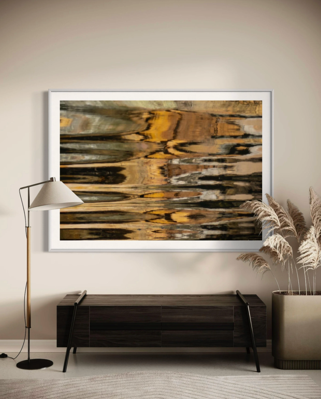 Stone on Surface by Ralph Kerle hanging in a comfortable living room with soft furnishings, warm textures, and ambient lighting that complements the calming tones of the artwork