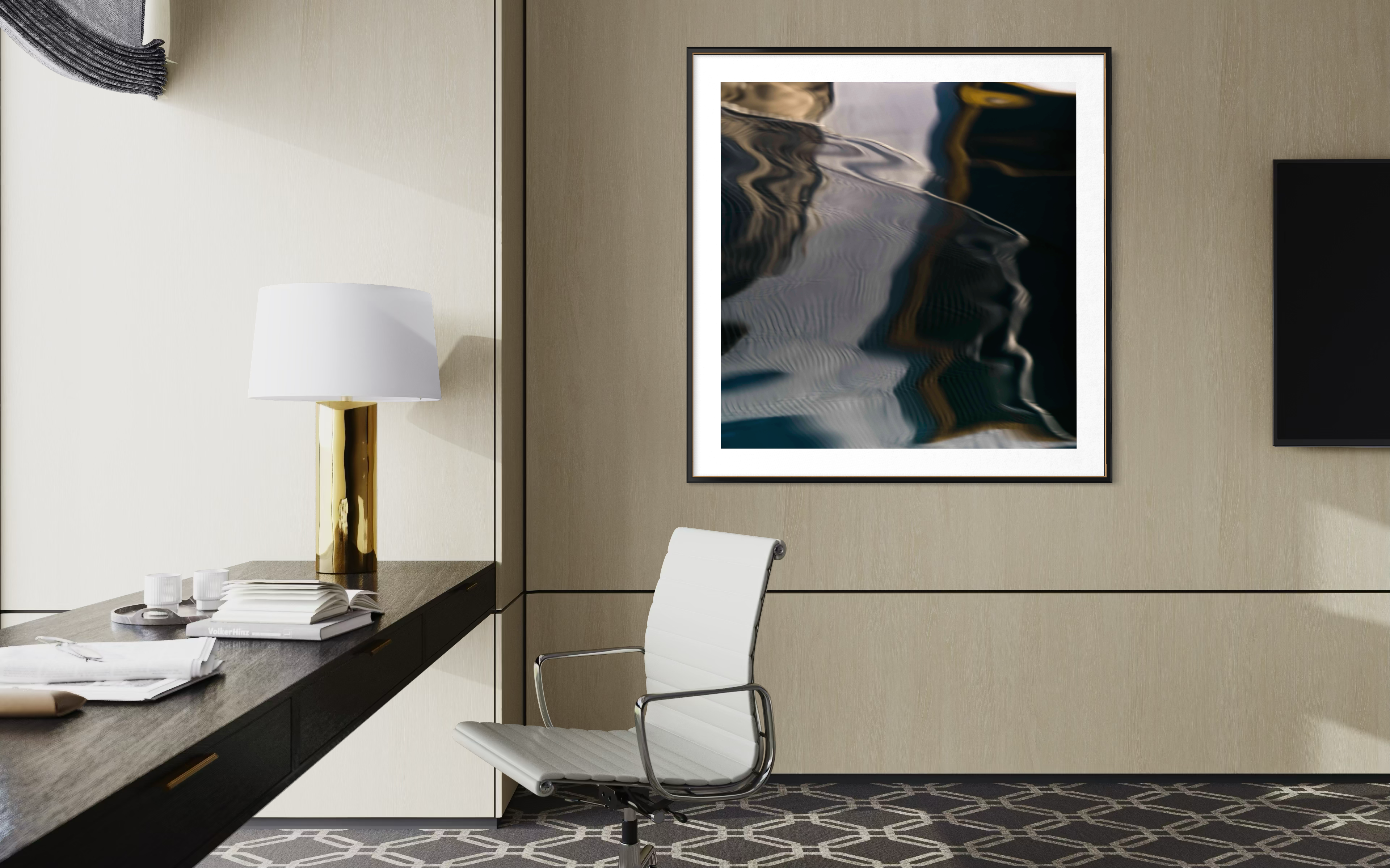 The Ancient Mariner's Sentience by Ralph Kerle installed in a contemporary open-plan interior, minimalistic and decor colours, and natural light enhancing the painting’s layered colour movement 
