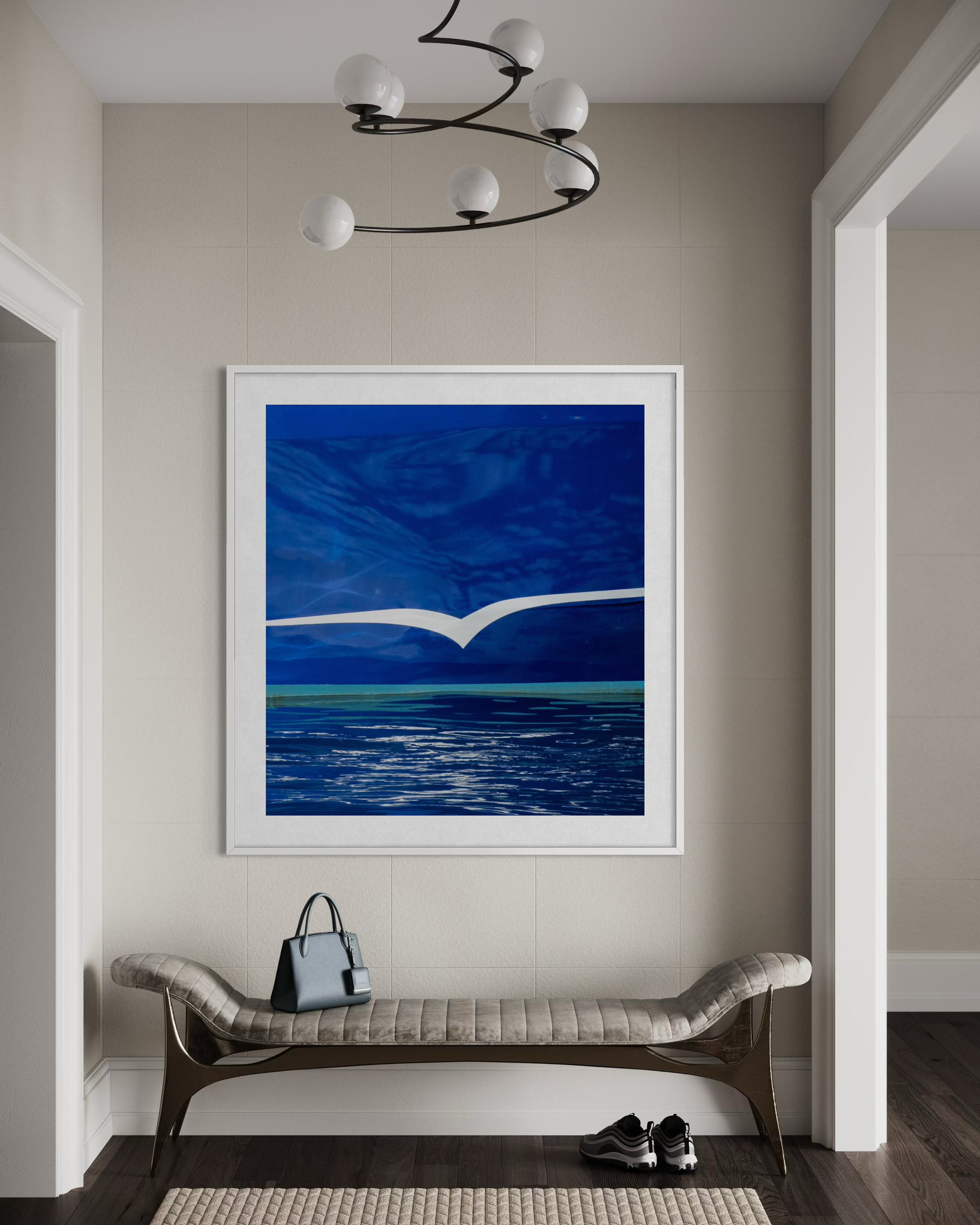 The Flight into Blue by Ralph Kerle installed in a luxury interior with polished finishes, minimal furniture, and unique lighting that enhances the depth of the artwork and its bright blue hues