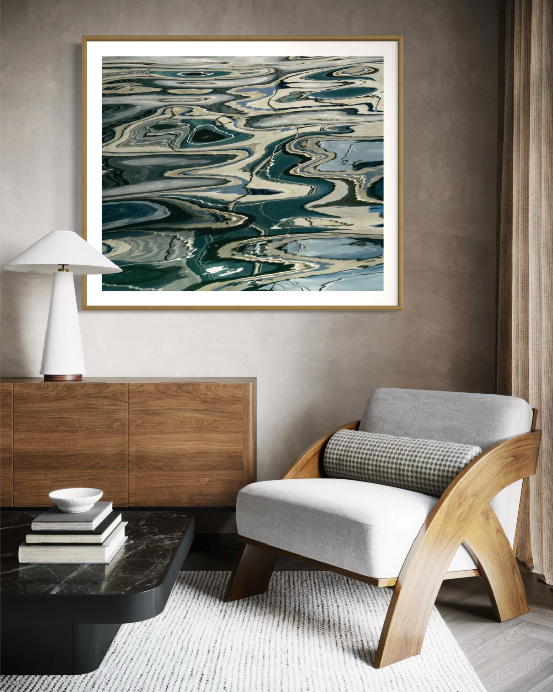 The Floods by Ralph Kerle displayed in a relaxed residential lounge featuring cosy seating and natural light, adding vibrancy to the inviting interior atmosphere enhanced by the abstract artwork's unique colours and hues 