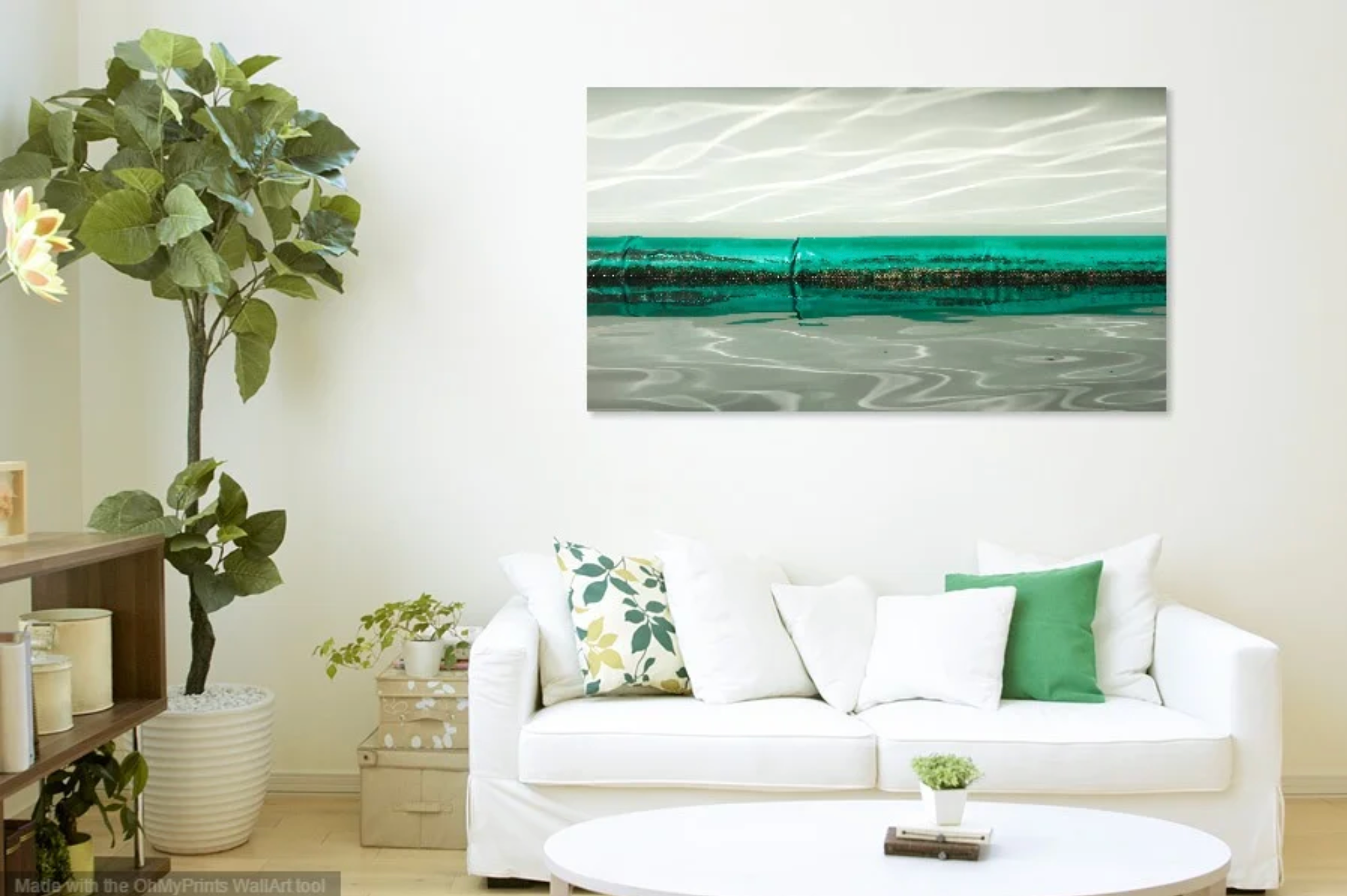 The Green Line by Ralph Kerle positioned above a sofa in a cool-green, lived-in living space with layered textiles and decorative accents that complement the bold colours of the painting