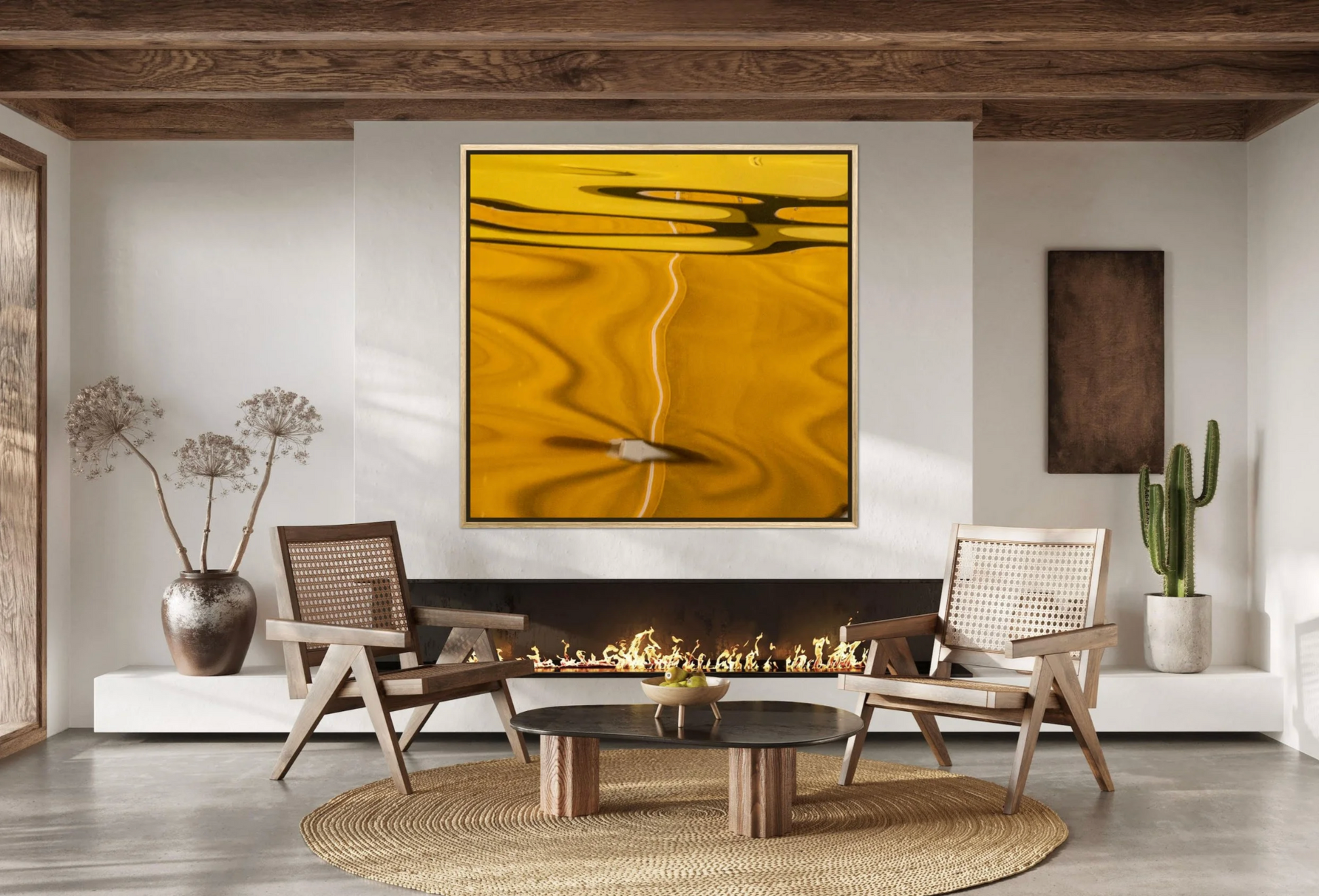 The Incomplete Journey by Ralph Kerle installed above a sleek fireplace in a luxury living space, complementing warm ambient lighting and refined décor