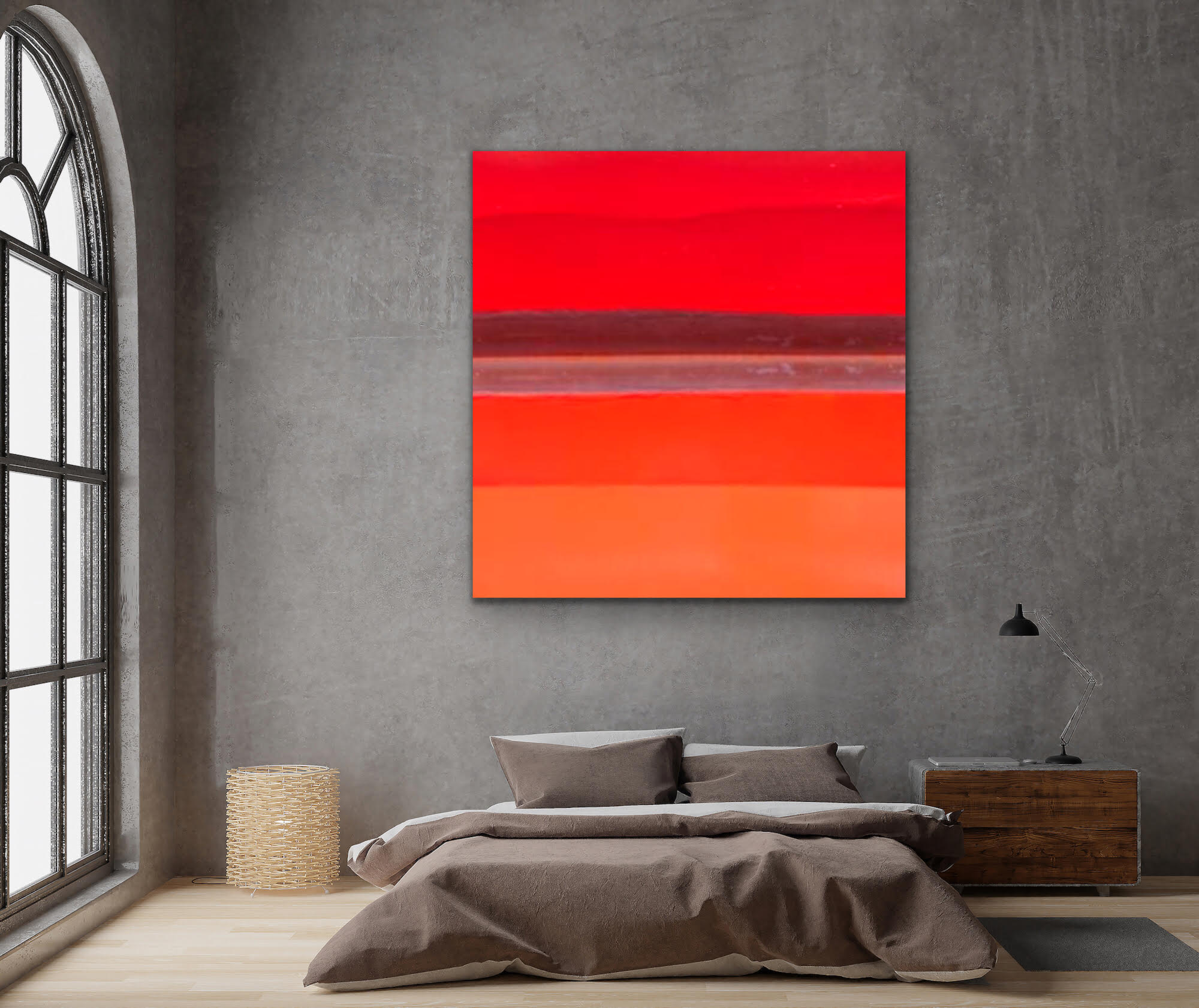 The Redness in Reflection by Ralph Kerle positioned in a modern bedroom with clean grey walls, allowing the vibrant colours of the artwork to stand out