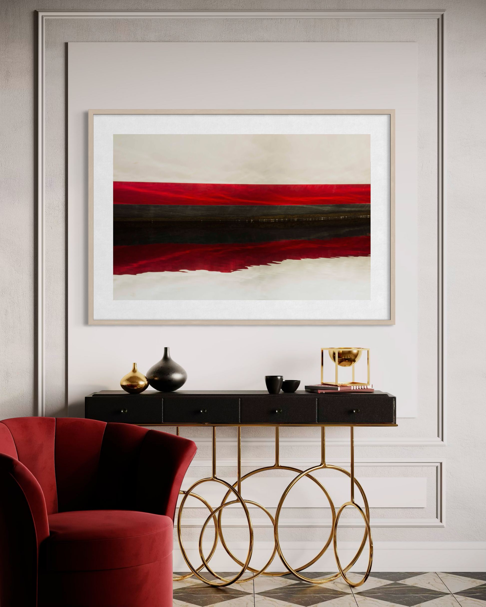 The Water Line 3 by Ralph Kerle installed in a luxury interior with polished finishes, statement furniture, and dramatic lighting that complements the depth of the artwork