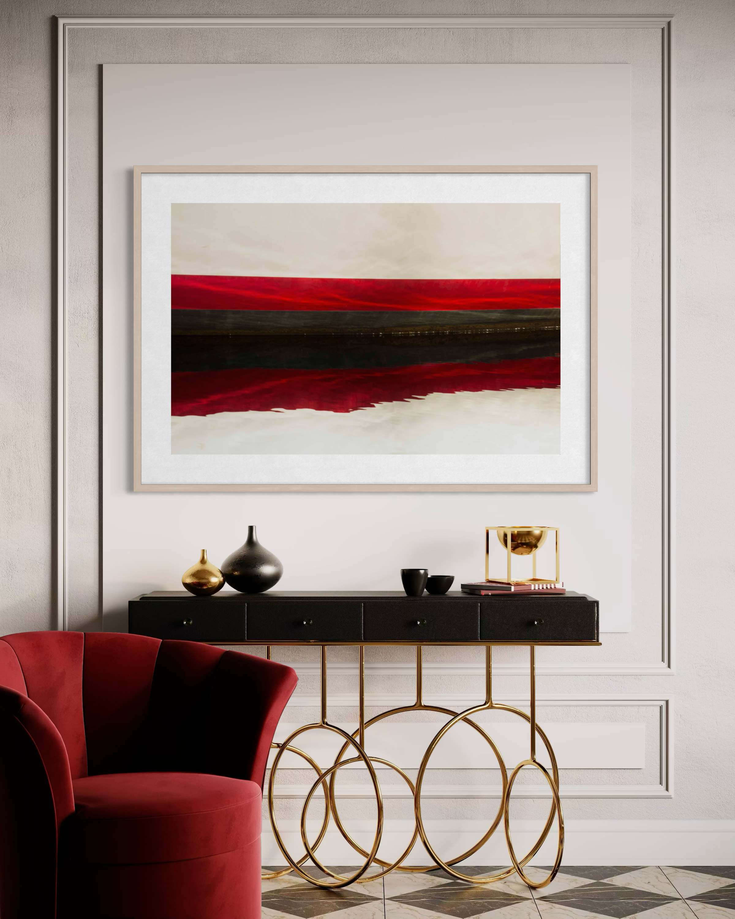 The Water Line 3 by Ralph Kerle installed in a luxury interior with polished finishes, statement furniture, and dramatic lighting that complements the depth of the artwork