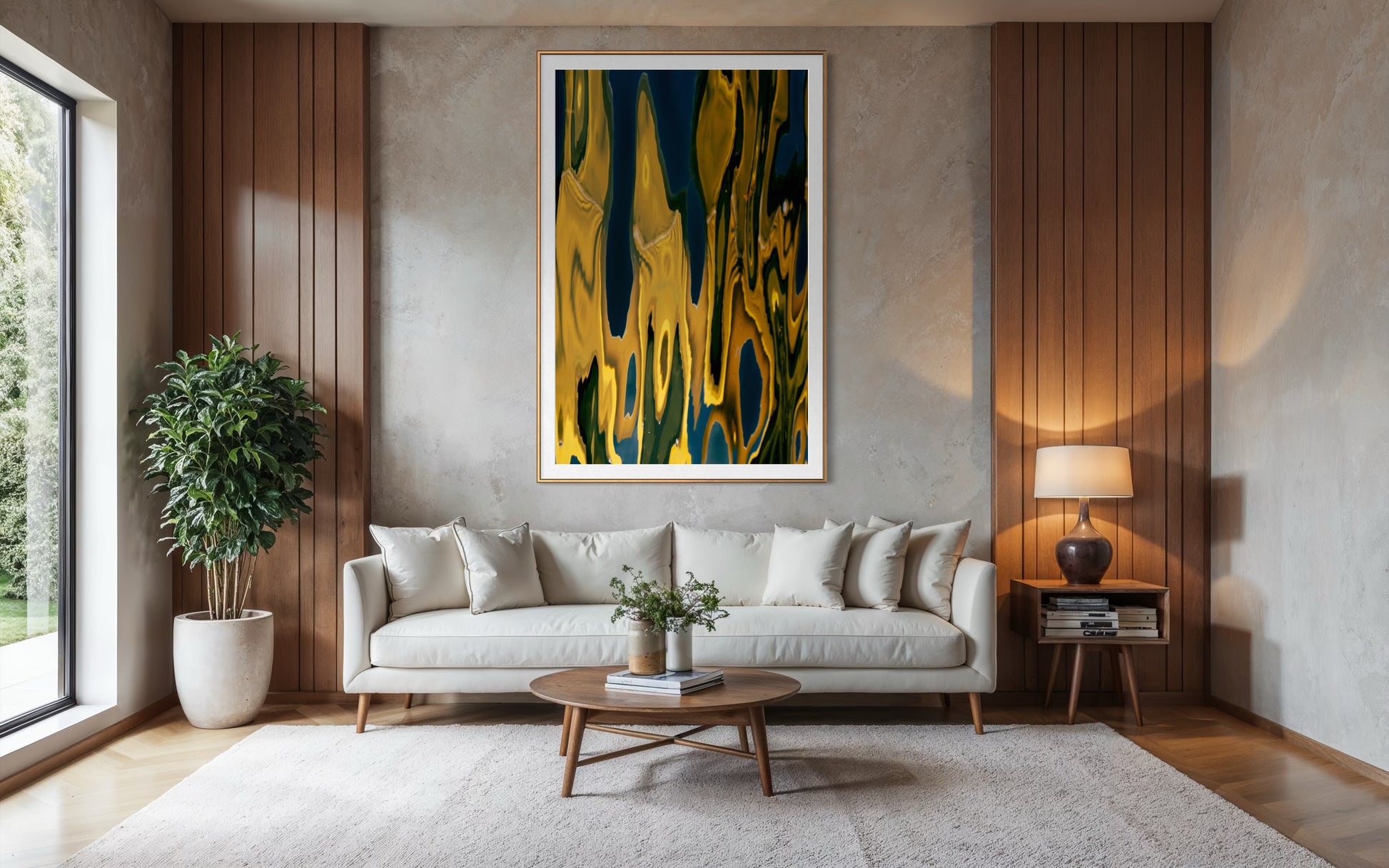 Water Flowers by Ralph Kerle positioned above a sofa in a warm, lived-in living space with layered textiles and decorative accents that balance the bold colours of the painting