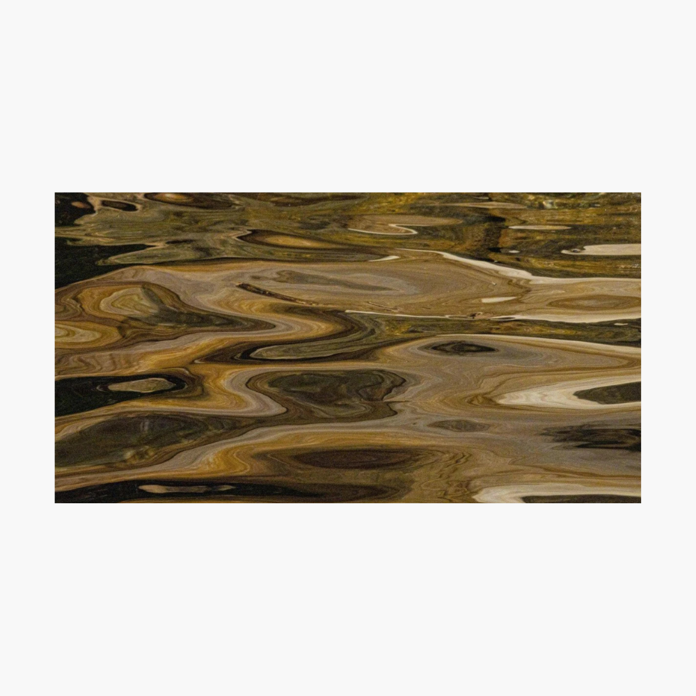 An abstract rectangular artwork showing swirling marbled patterns in brown, gold, beige, and dark charcoal tones, centered on a light gray background.